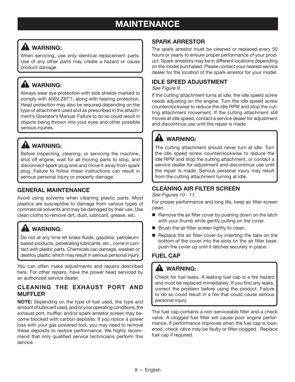 Maintenance | Ryobi RY34000 User Manual | Page 11 / 42