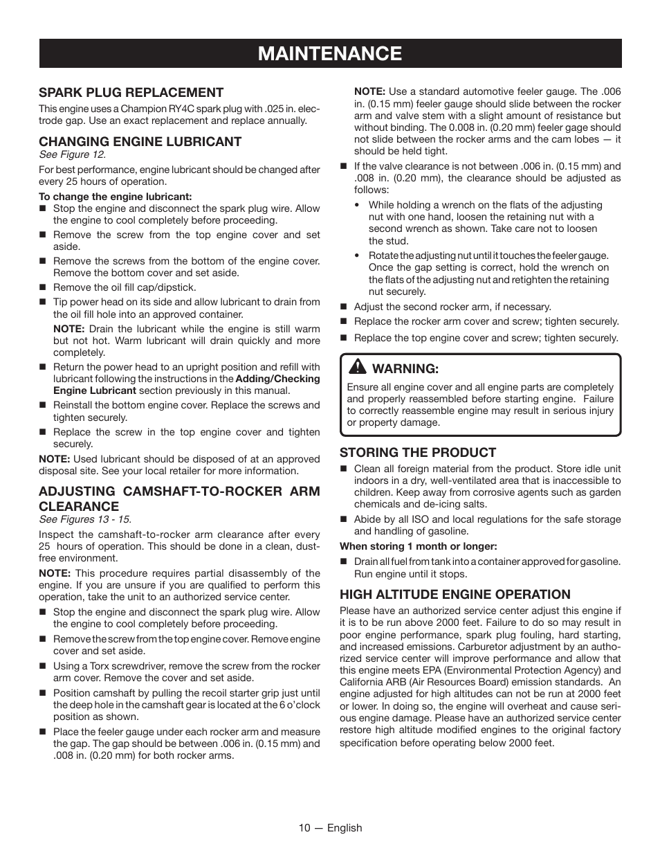 Maintenance, Spark plug replacement, Changing engine lubricant | Adjusting camshaft-to-rocker arm clearance, Warning, Storing the product, High altitude engine operation | Ryobi RY34000 User Manual | Page 12 / 42