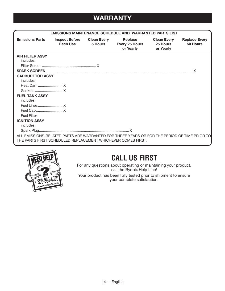 Call us first, Warranty | Ryobi RY34000 User Manual | Page 16 / 42