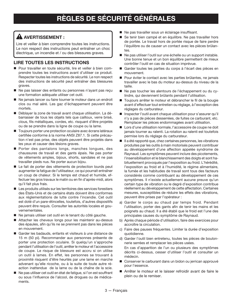 Règles de sécurité générales, Avertissement, Lire toutes les instructions | Ryobi RY34000 User Manual | Page 17 / 42