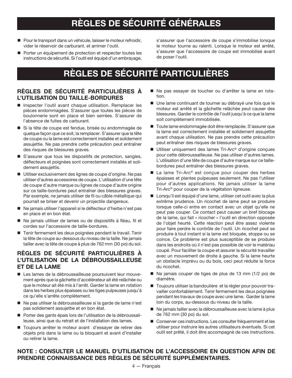 Règles de sécurité particulières, Règles de sécurité générales | Ryobi RY34000 User Manual | Page 18 / 42