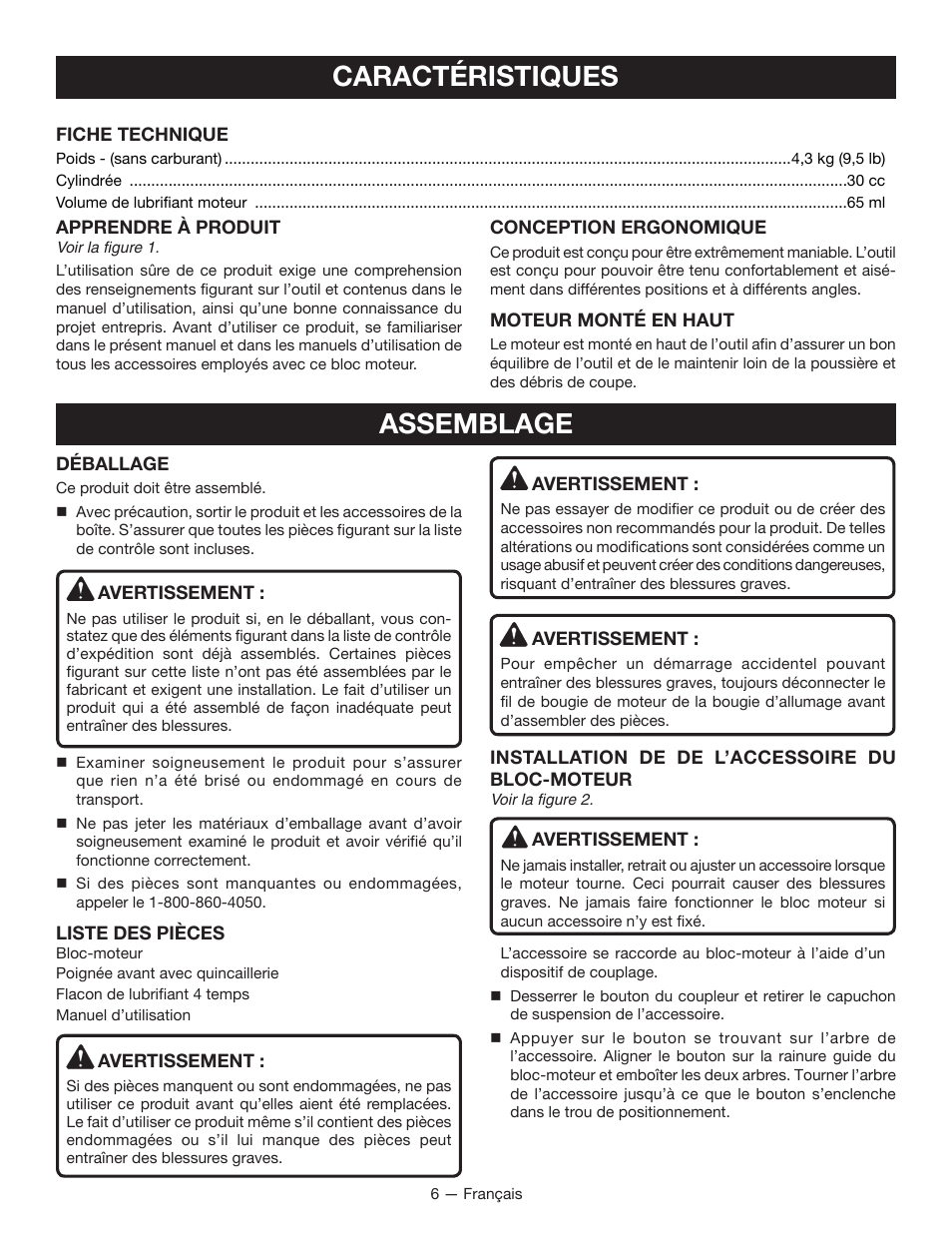 Caractéristiques, Assemblage | Ryobi RY34000 User Manual | Page 20 / 42