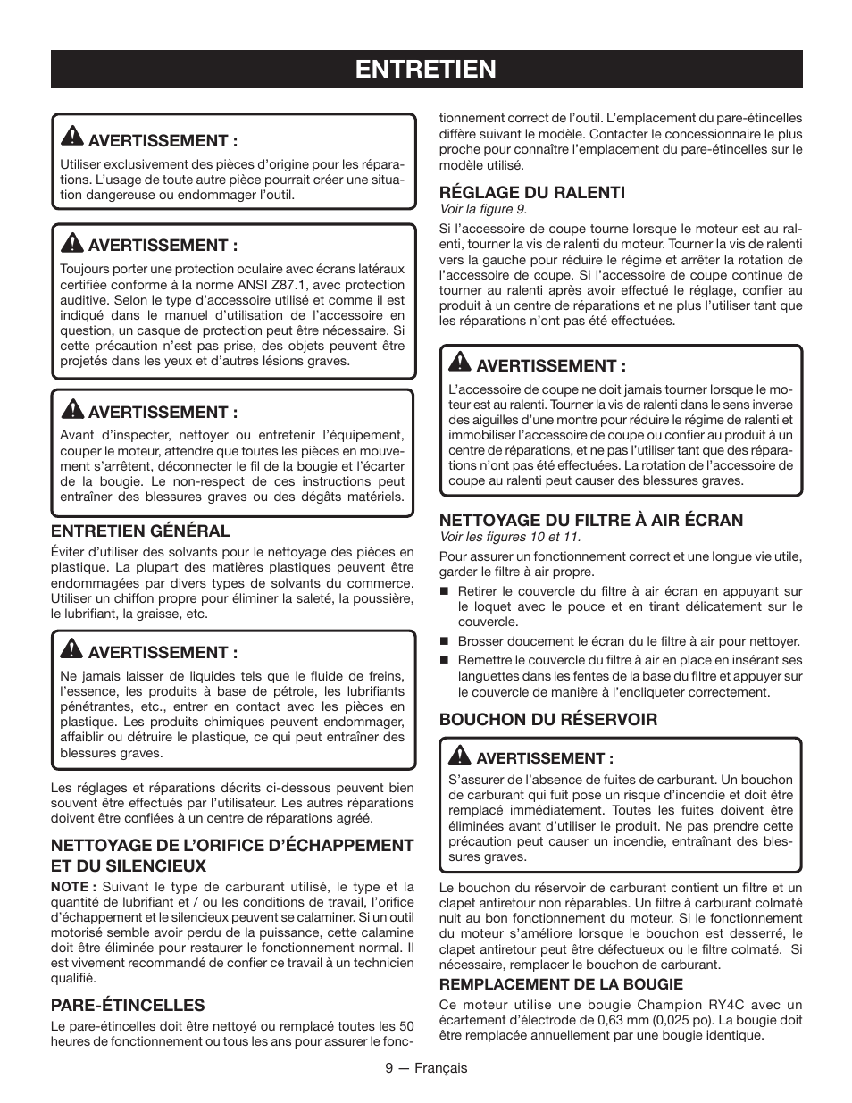 Entretien | Ryobi RY34000 User Manual | Page 23 / 42