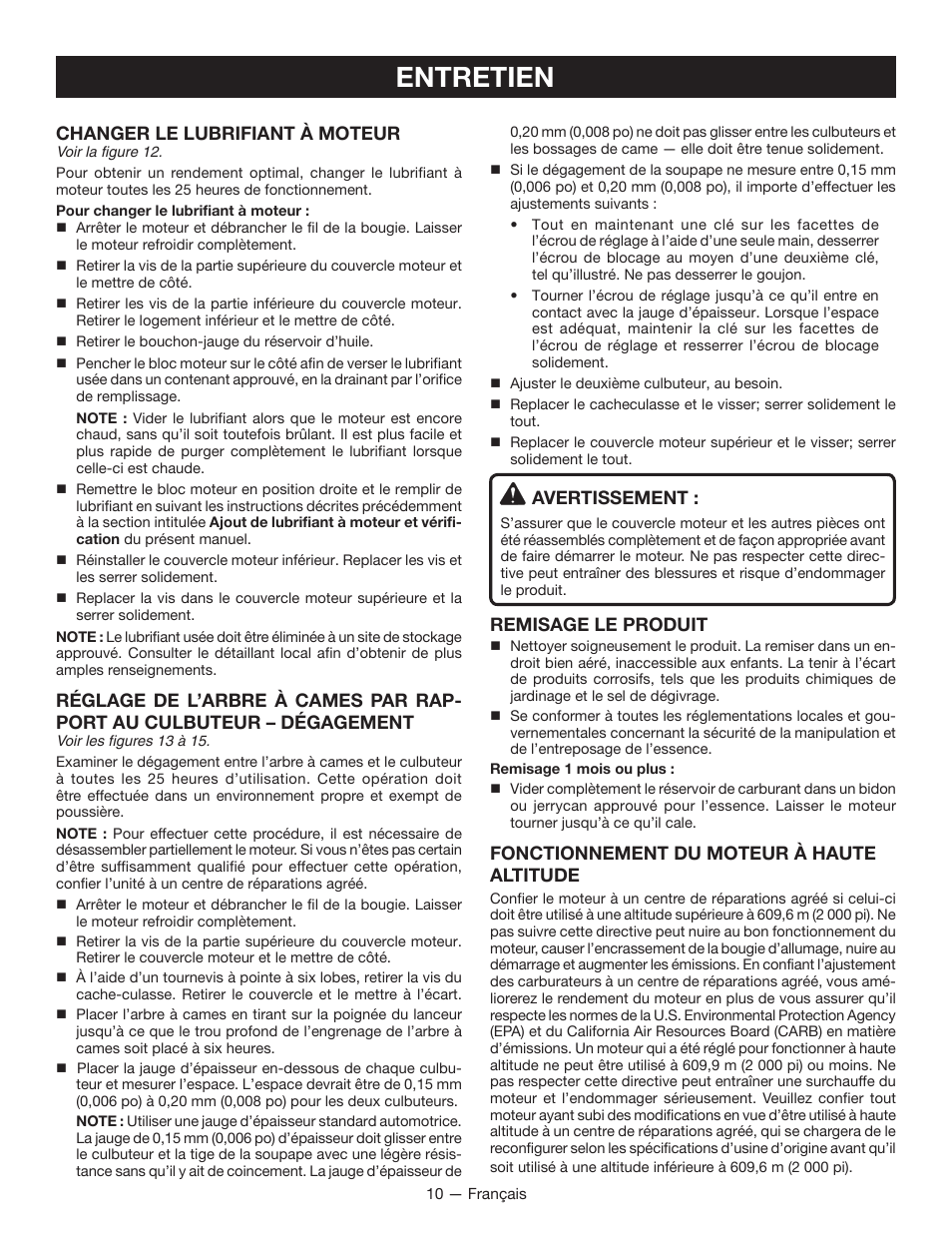Entretien, Changer le lubrifiant à moteur, Avertissement | Remisage le produit, Fonctionnement du moteur à haute altitude | Ryobi RY34000 User Manual | Page 24 / 42