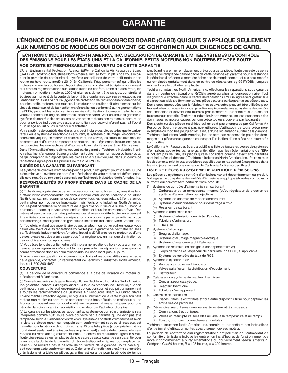 Garantie, 13 — français | Ryobi RY34000 User Manual | Page 27 / 42