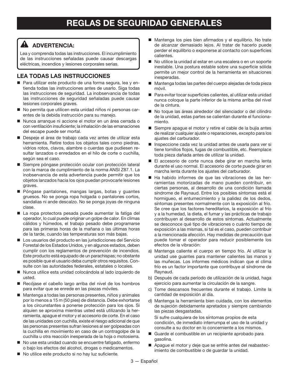 Reglas de seguridad generales, Advertencia, Lea todas las instrucciones | Ryobi RY34000 User Manual | Page 29 / 42