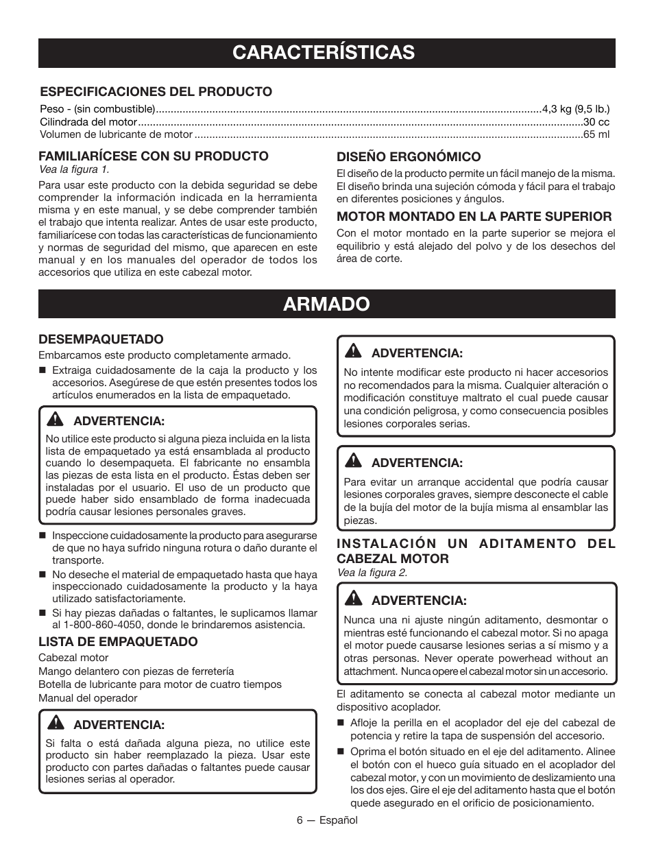 Características, Armado | Ryobi RY34000 User Manual | Page 32 / 42