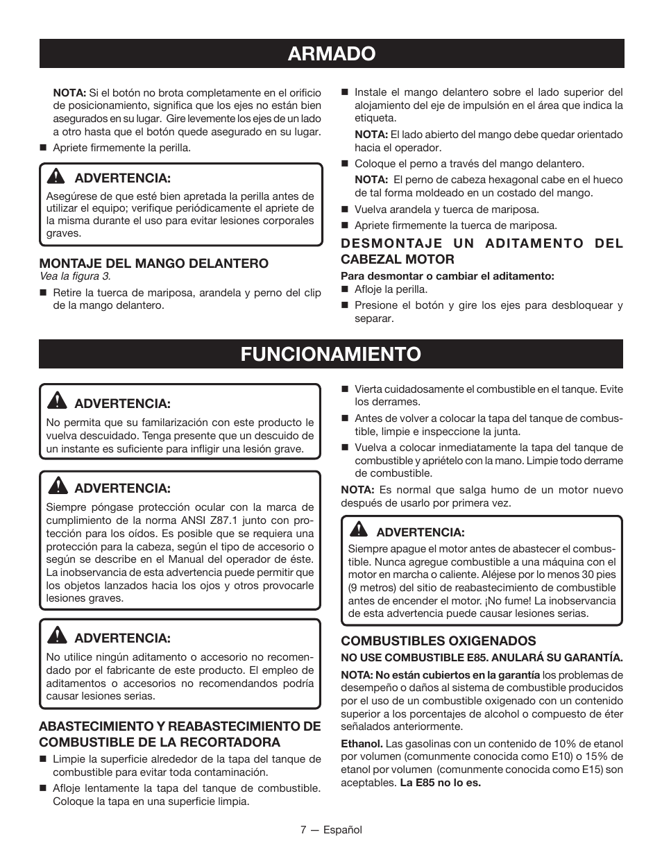 Armado, Funcionamiento | Ryobi RY34000 User Manual | Page 33 / 42