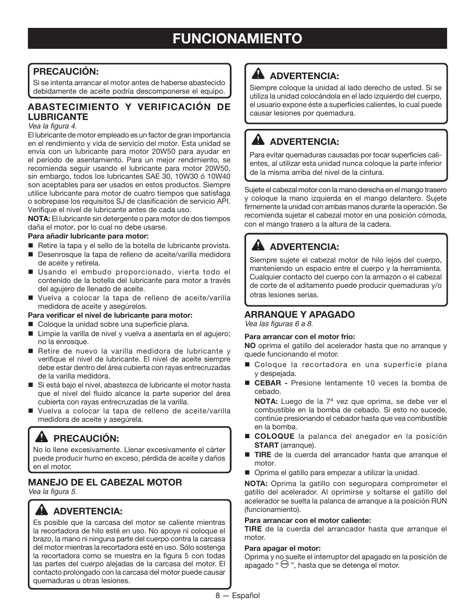 Funcionamiento, Advertencia, Arranque y apagado | Precaución, Abastecimiento y verificación de lubricante, Manejo de el cabezal motor | Ryobi RY34000 User Manual | Page 34 / 42