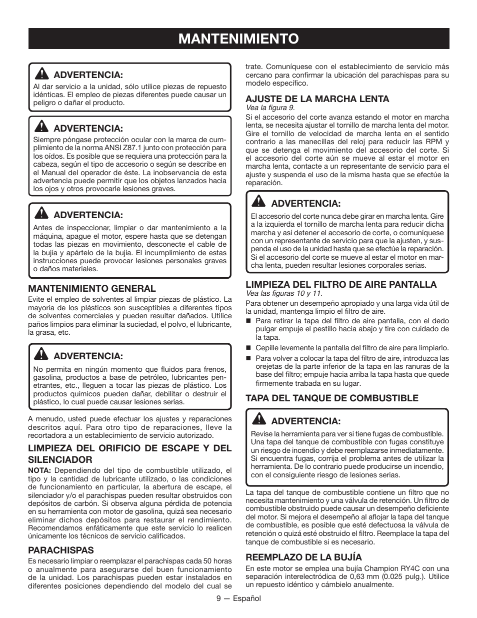 Mantenimiento | Ryobi RY34000 User Manual | Page 35 / 42