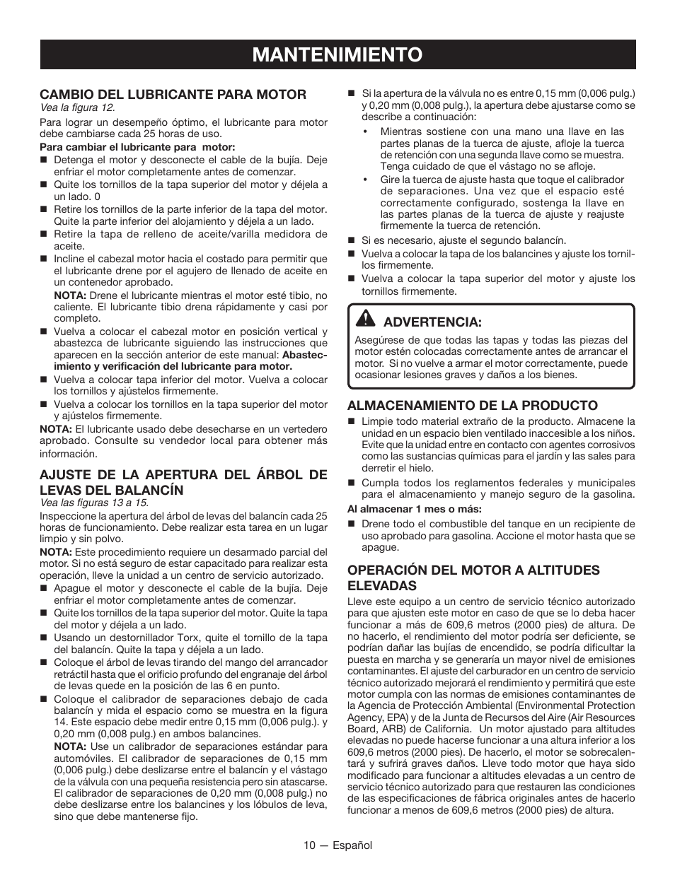 Mantenimiento, Cambio del lubricante para motor, Advertencia | Almacenamiento de la producto, Operación del motor a altitudes elevadas | Ryobi RY34000 User Manual | Page 36 / 42