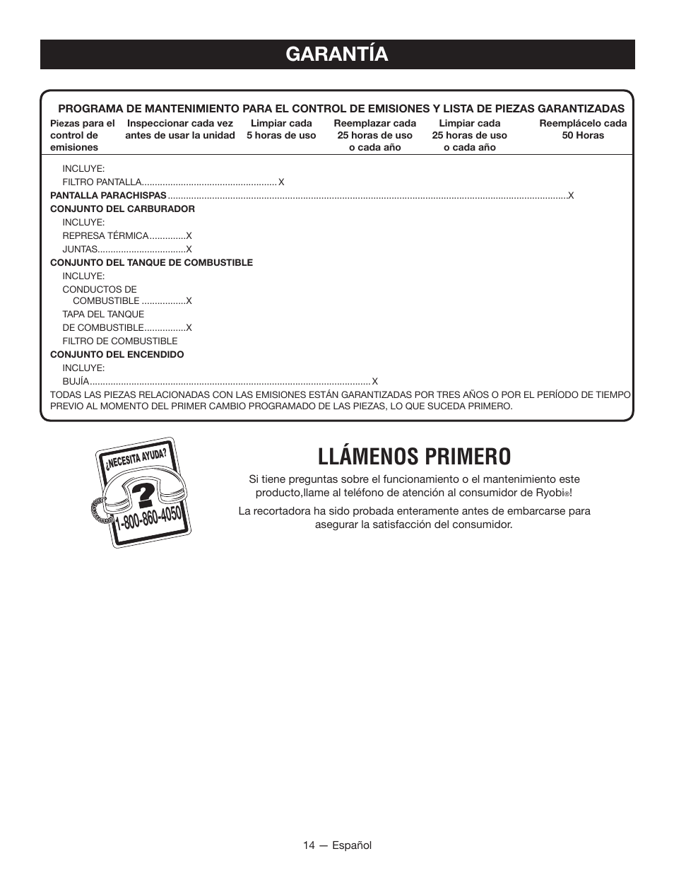 Llámenos primero, Garantía | Ryobi RY34000 User Manual | Page 40 / 42