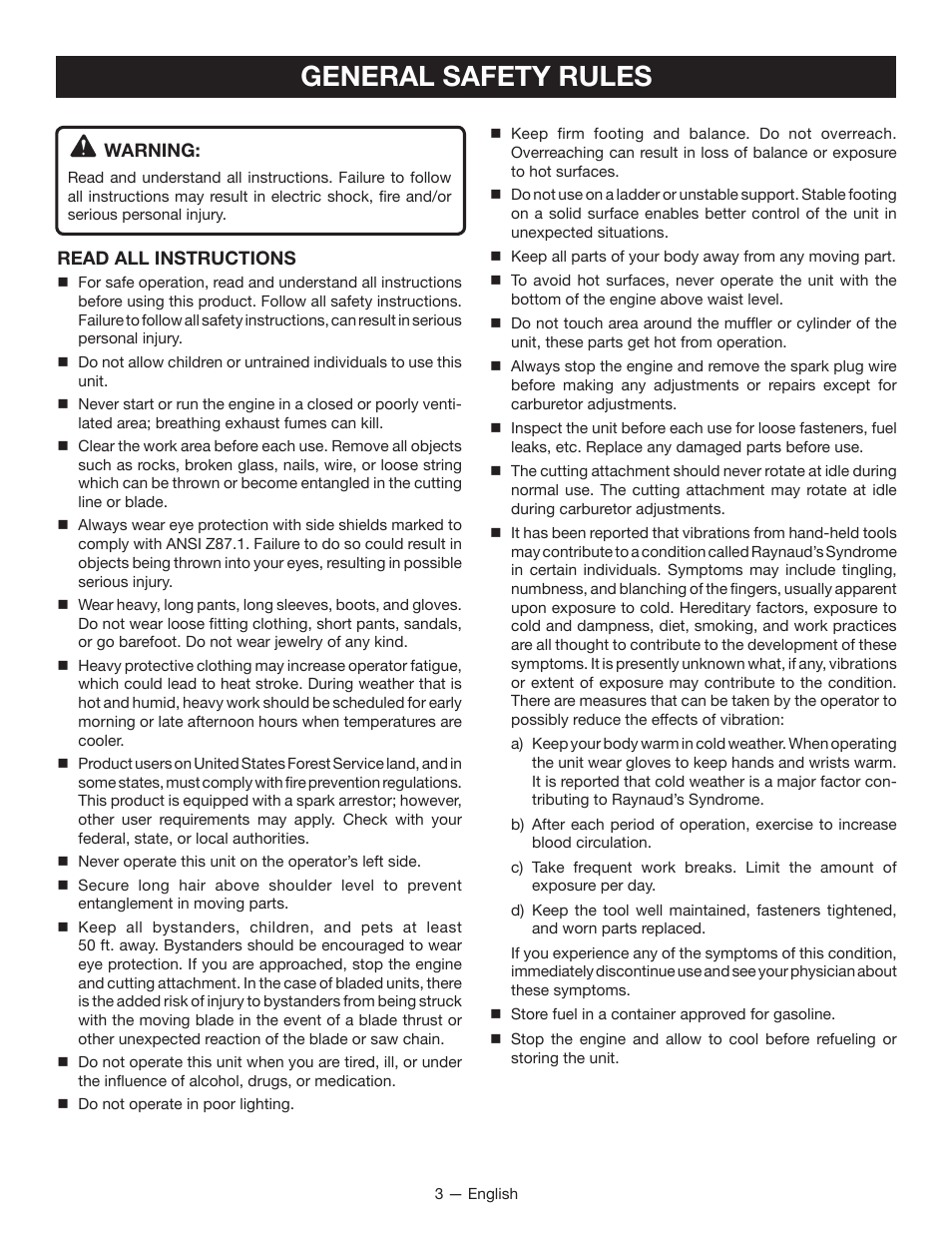 General safety rules | Ryobi RY34000 User Manual | Page 5 / 42