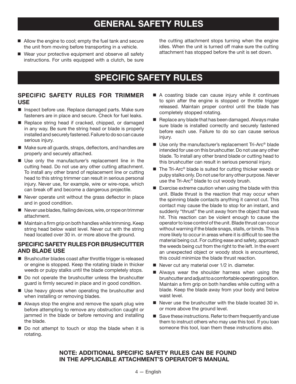 Specific safety rules, General safety rules | Ryobi RY34000 User Manual | Page 6 / 42