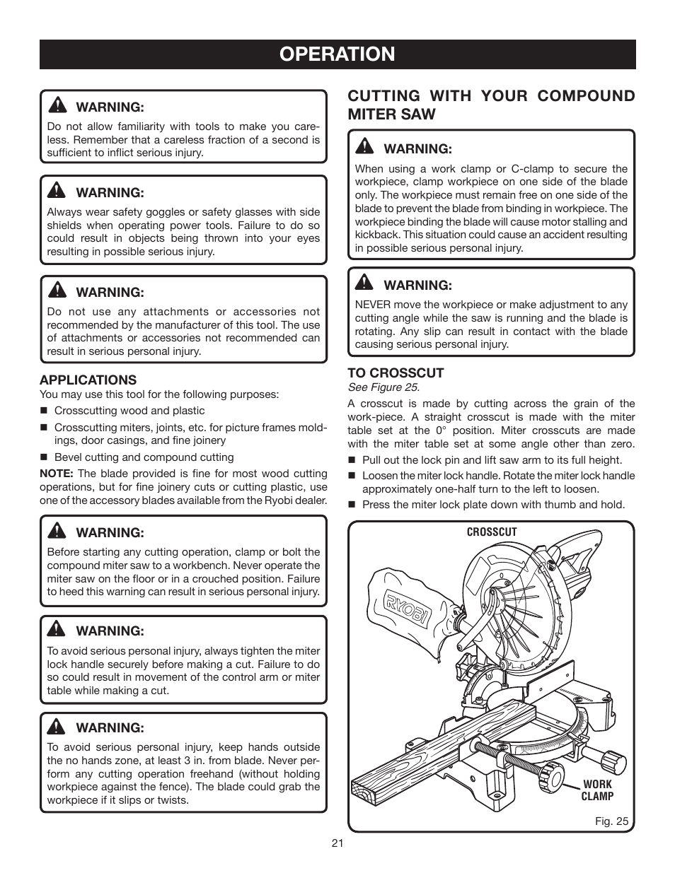 Operation, Cutting with your compound miter saw | Ryobi TS1342L User Manual | Page 21 / 96