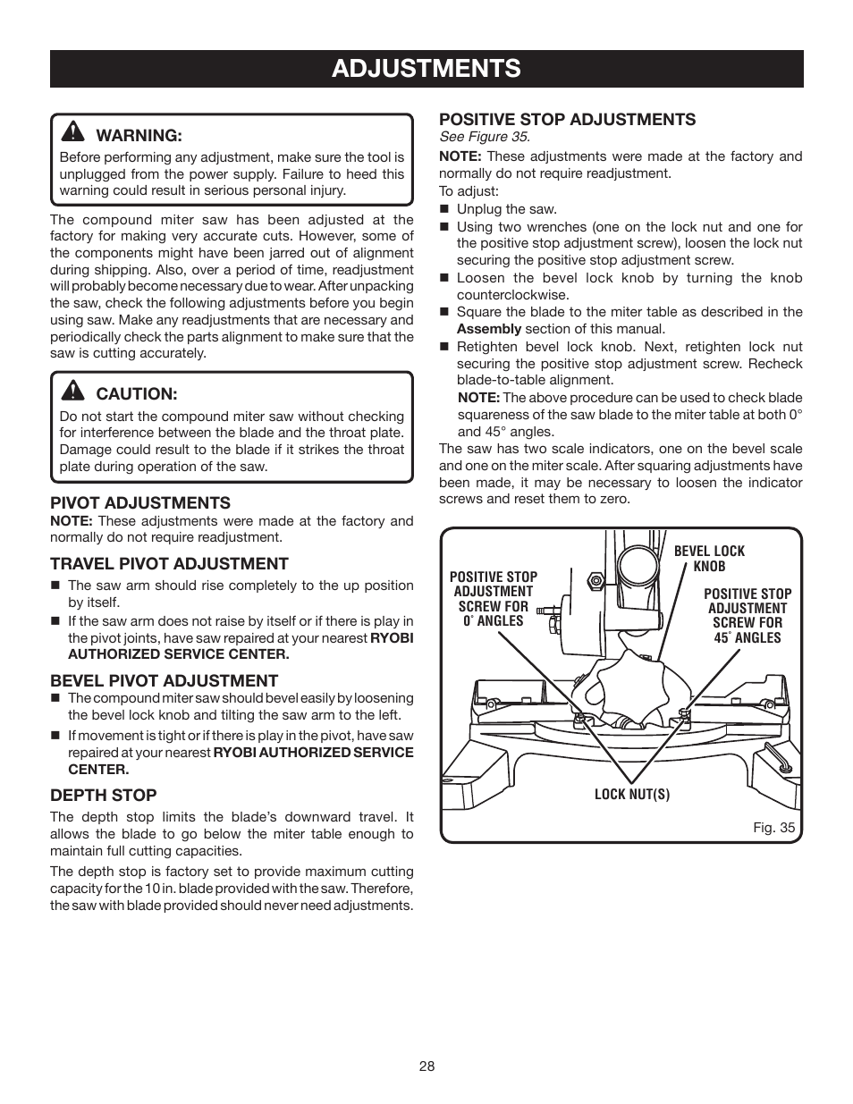 Adjustments | Ryobi TS1342L User Manual | Page 28 / 96