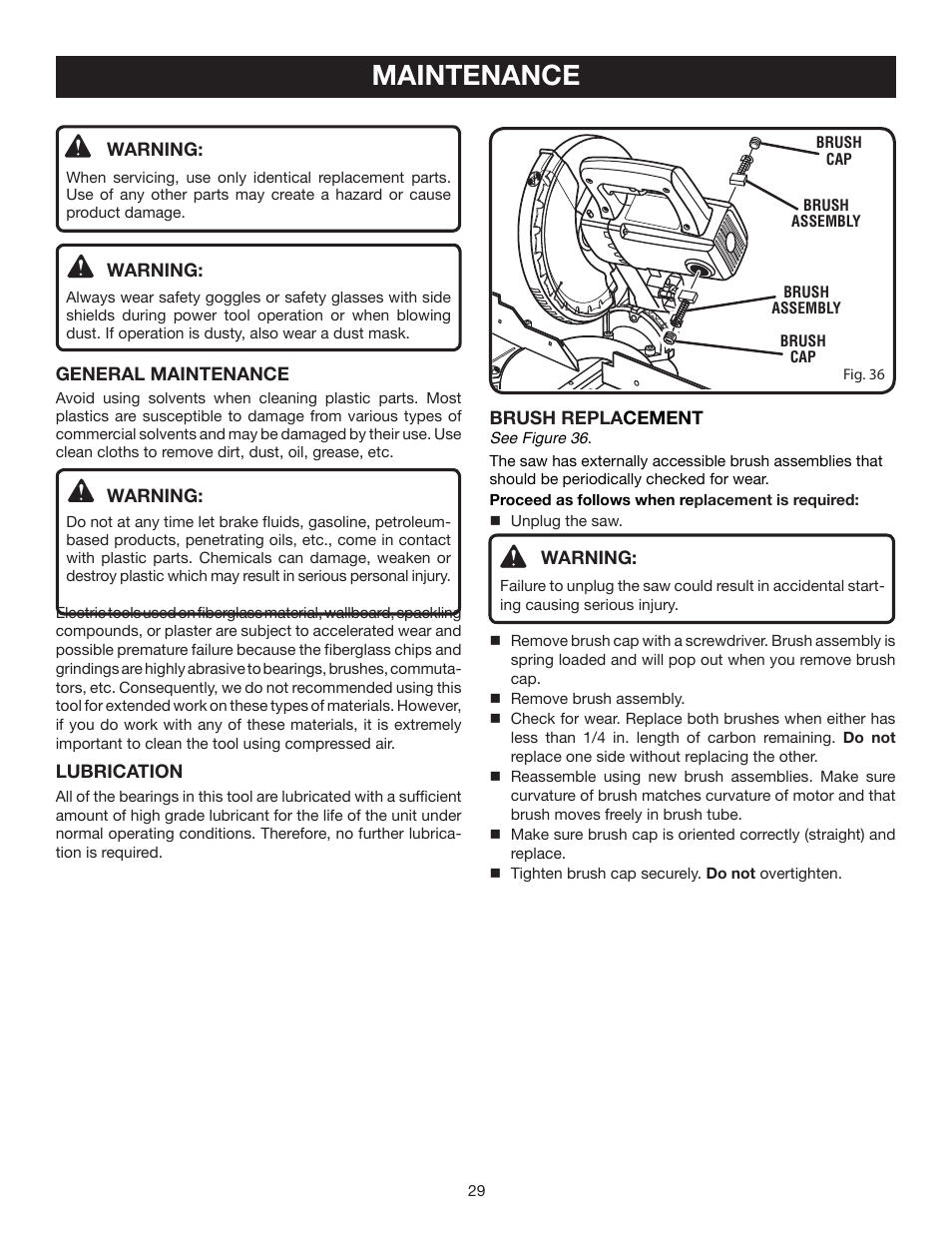 Maintenance | Ryobi TS1342L User Manual | Page 29 / 96