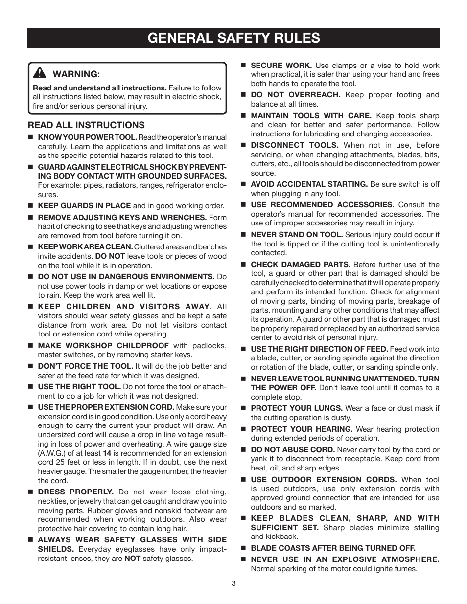 General safety rules | Ryobi TS1342L User Manual | Page 3 / 96