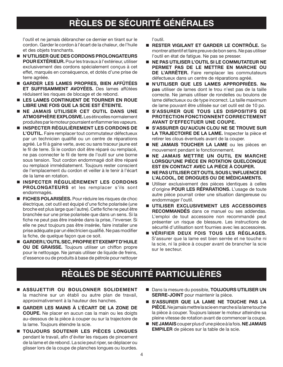 Règles de sécurité générales, Règles de sécurité particulières | Ryobi TS1342L User Manual | Page 36 / 96