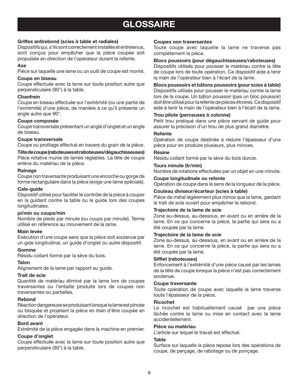 Glossaire | Ryobi TS1342L User Manual | Page 41 / 96