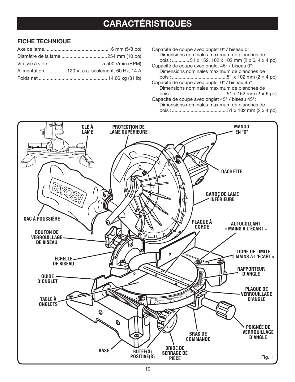 Caractéristiques | Ryobi TS1342L User Manual | Page 42 / 96