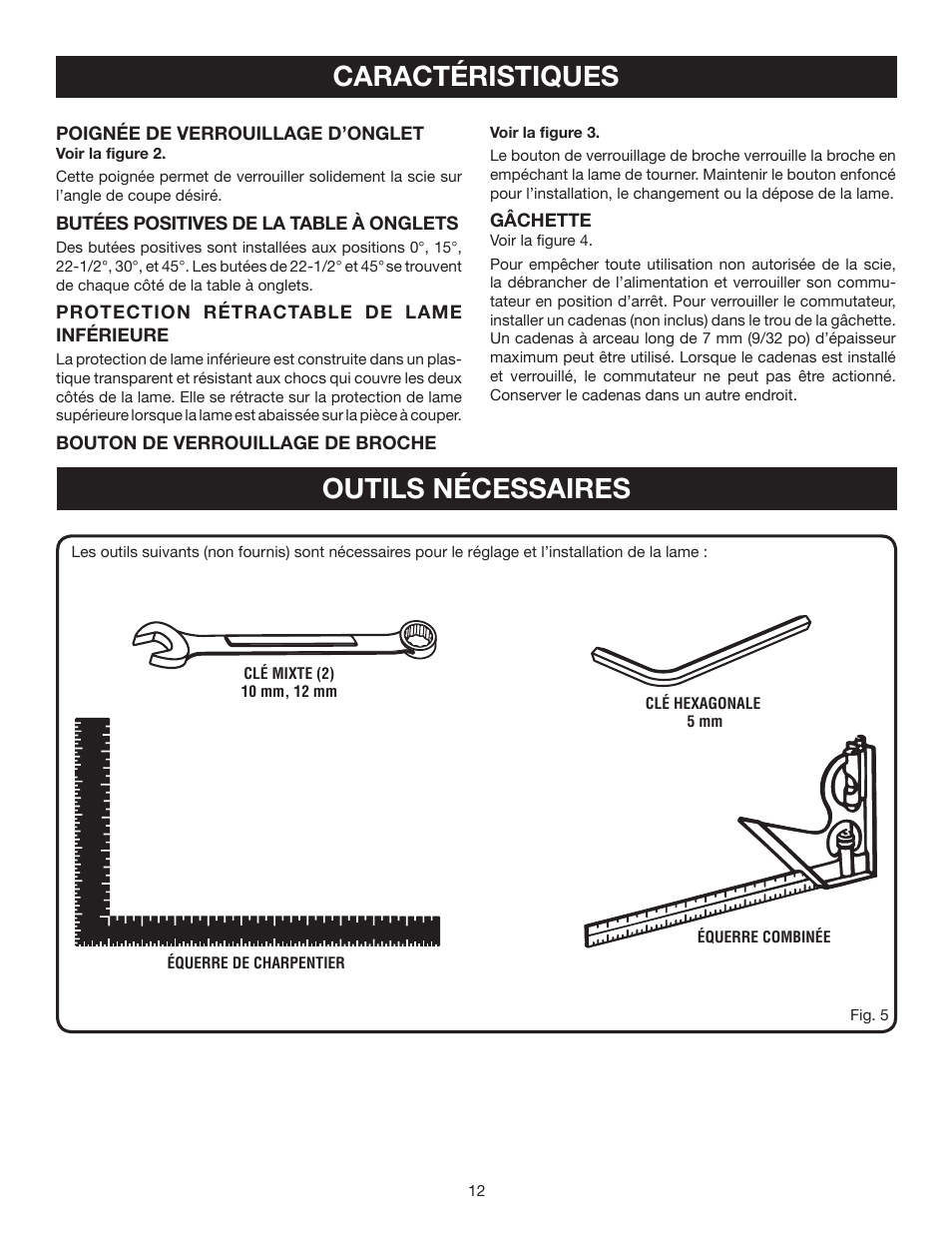 Caractéristiques, Outils nécessaires | Ryobi TS1342L User Manual | Page 44 / 96