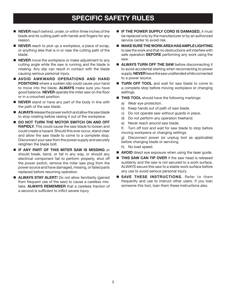 Specific safety rules | Ryobi TS1342L User Manual | Page 5 / 96