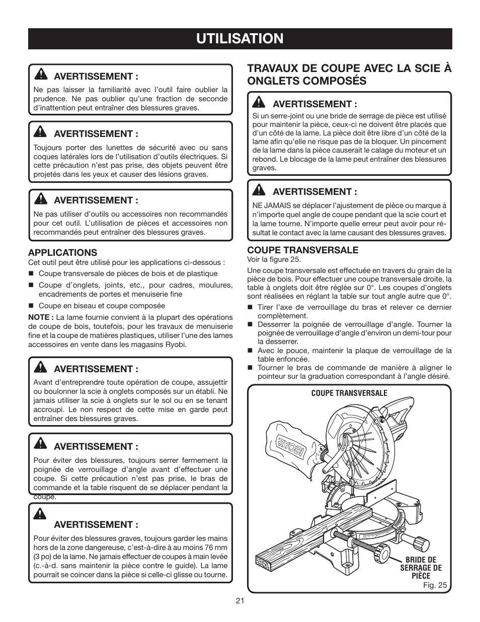 Utilisation, Travaux de coupe avec la scie à onglets composés | Ryobi TS1342L User Manual | Page 53 / 96