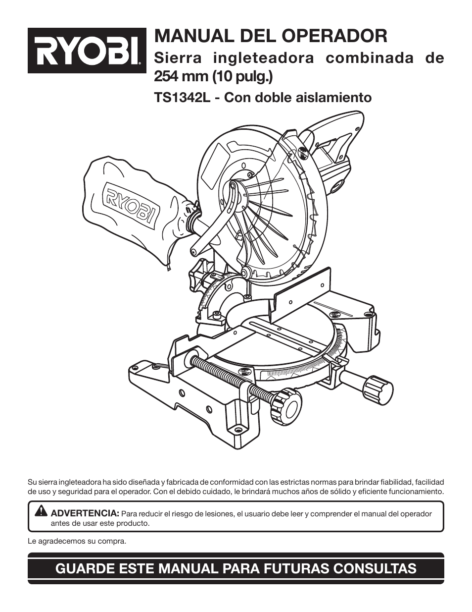 Manual del operador, Guarde este manual para futuras consultas, Ts1342l - con doble aislamiento | Ryobi TS1342L User Manual | Page 65 / 96