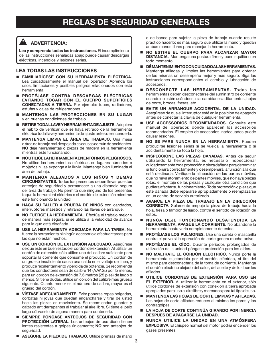 Reglas de seguridad generales | Ryobi TS1342L User Manual | Page 67 / 96