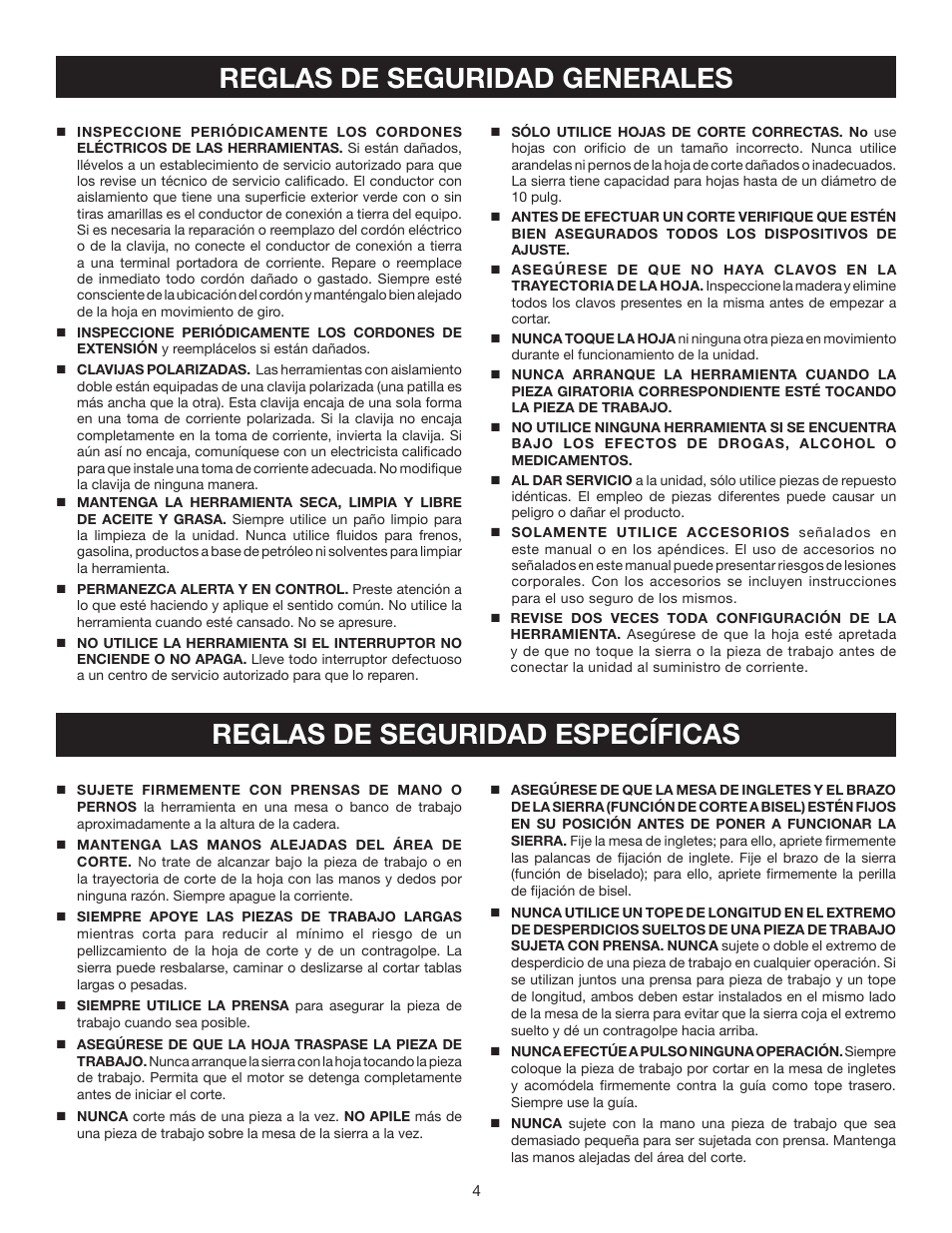 Reglas de seguridad generales, Reglas de seguridad específicas | Ryobi TS1342L User Manual | Page 68 / 96