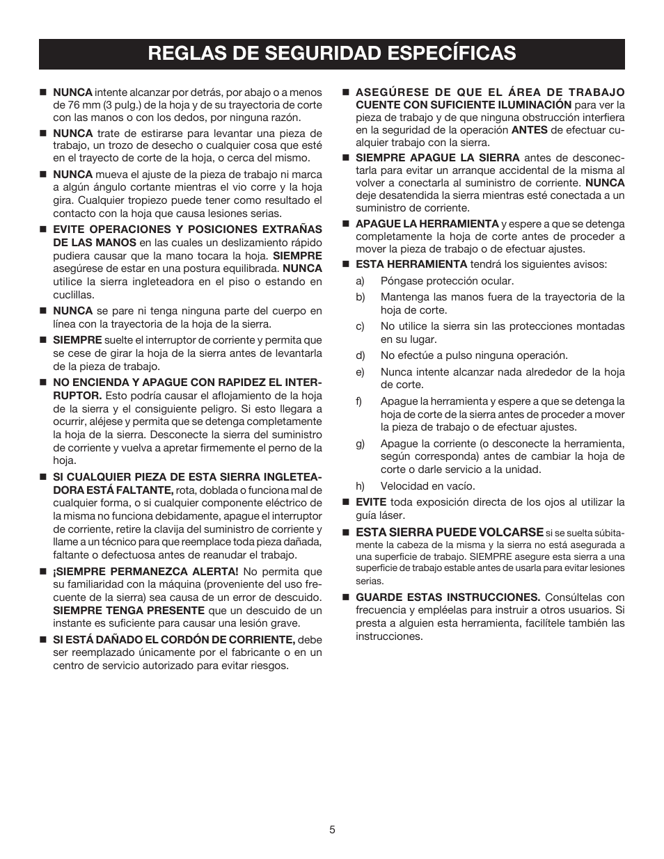 Reglas de seguridad específicas | Ryobi TS1342L User Manual | Page 69 / 96