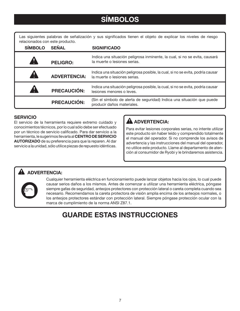 Símbolos, Guarde estas instrucciones | Ryobi TS1342L User Manual | Page 71 / 96