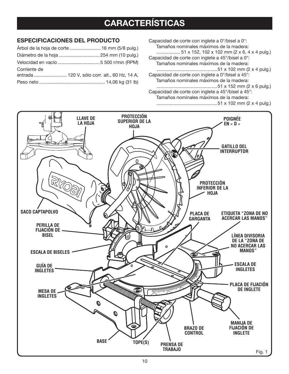 Características | Ryobi TS1342L User Manual | Page 74 / 96