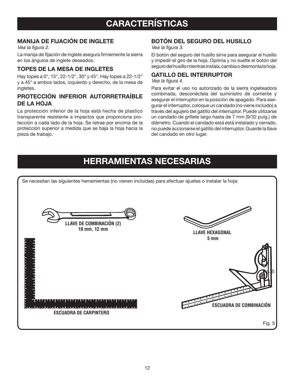 Características, Herramientas necesarias | Ryobi TS1342L User Manual | Page 76 / 96