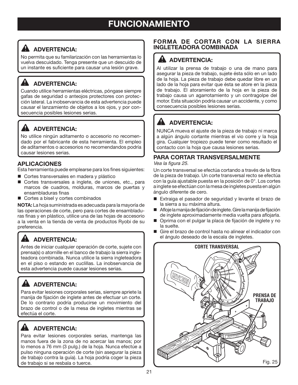 Funcionamiento | Ryobi TS1342L User Manual | Page 85 / 96