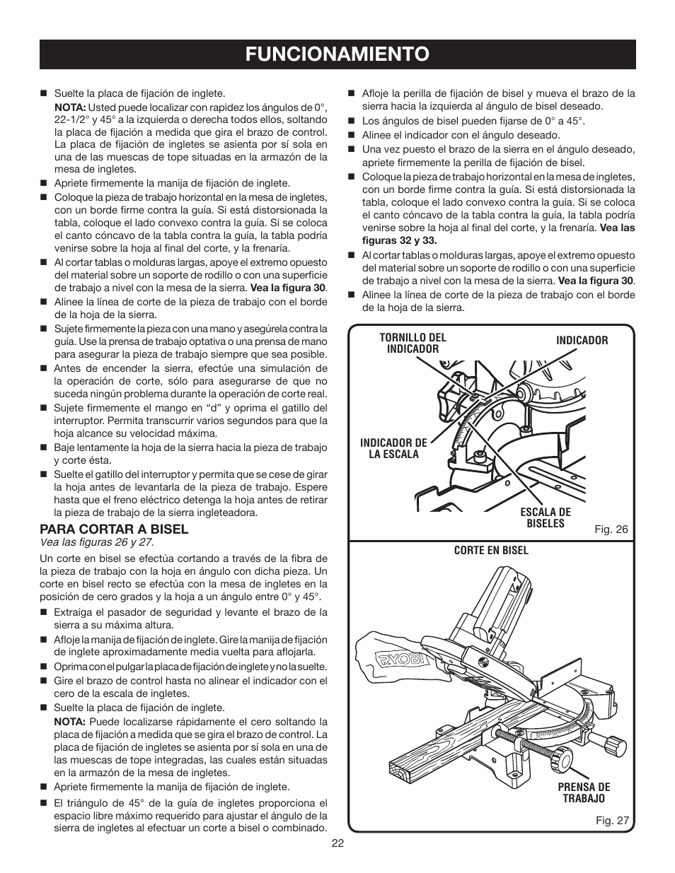 Funcionamiento, Para cortar a bisel | Ryobi TS1342L User Manual | Page 86 / 96