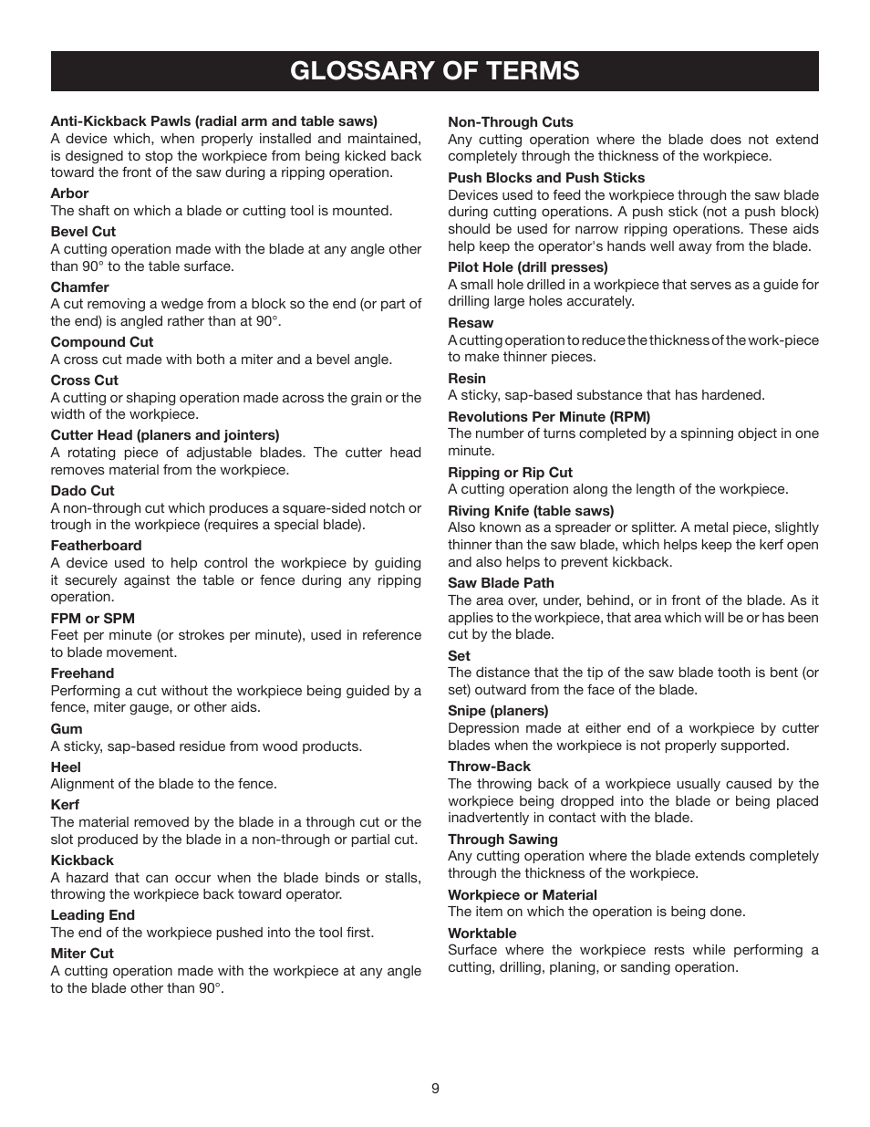 Glossary of terms | Ryobi TS1342L User Manual | Page 9 / 96