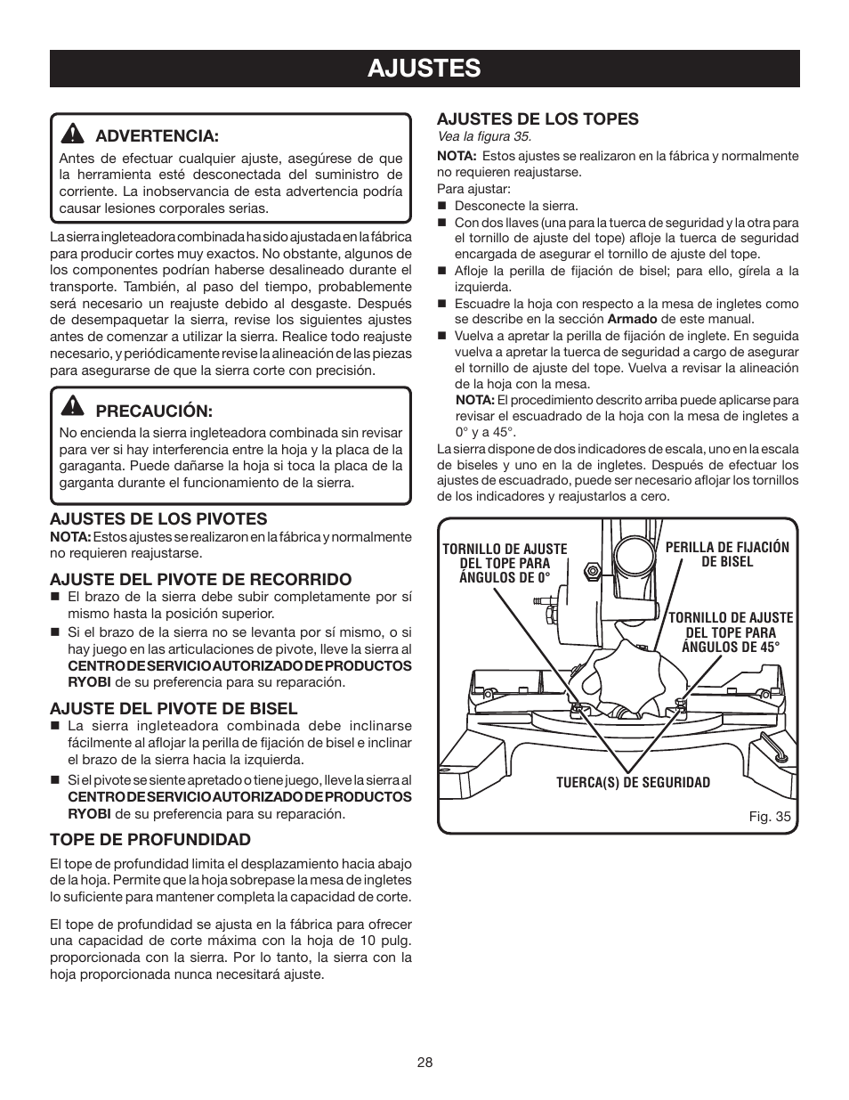 Ajustes | Ryobi TS1342L User Manual | Page 92 / 96