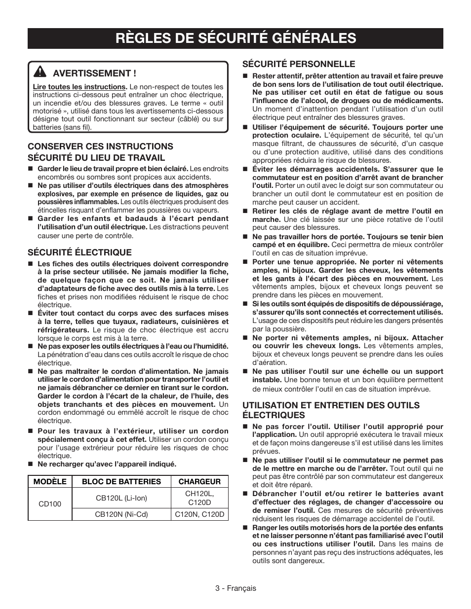 Règles de sécurité générales, Avertissement | Ryobi CD100 User Manual | Page 14 / 36