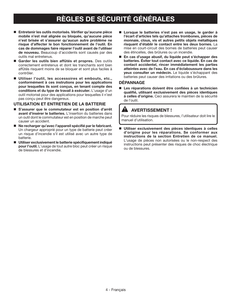 Règles de sécurité générales, Avertissement | Ryobi CD100 User Manual | Page 15 / 36