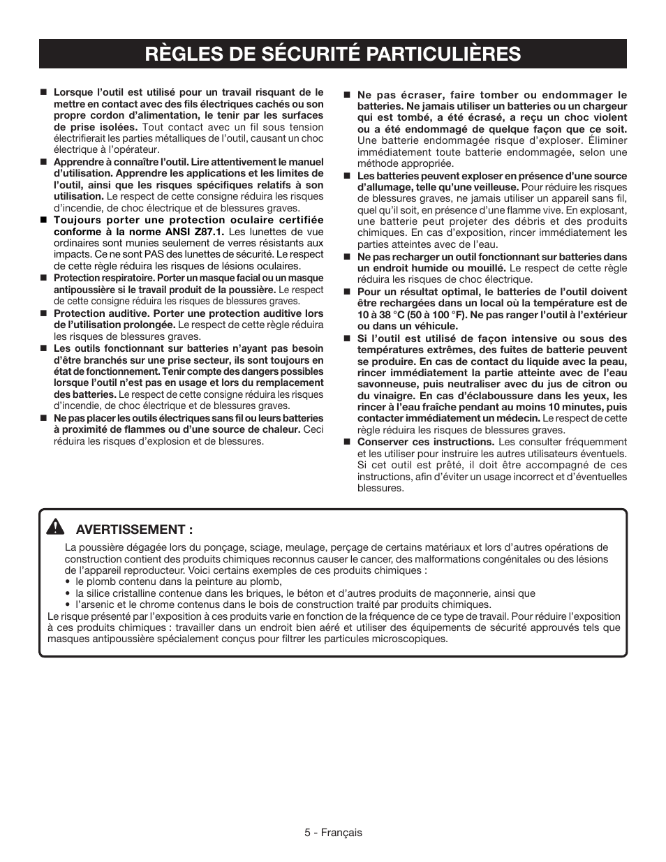 Règles de sécurité particulières, Avertissement | Ryobi CD100 User Manual | Page 16 / 36