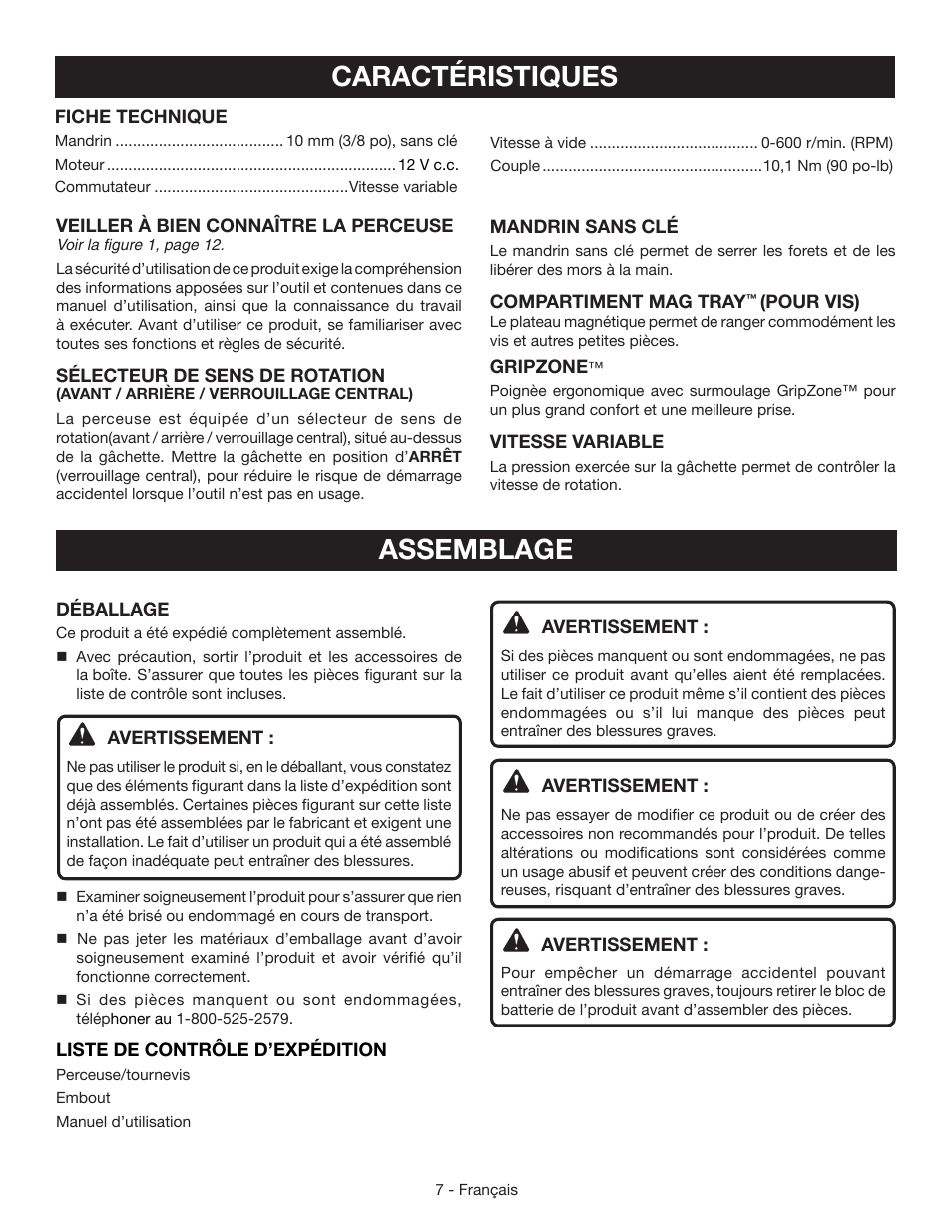 Caractéristiques, Assemblage | Ryobi CD100 User Manual | Page 18 / 36