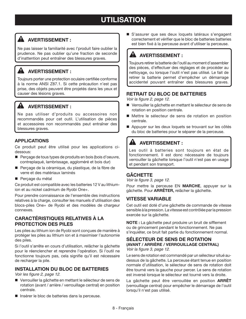 Utilisation | Ryobi CD100 User Manual | Page 19 / 36