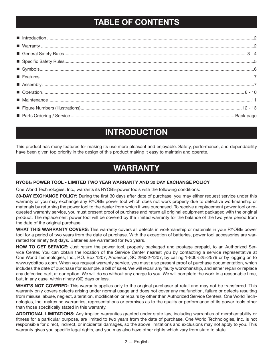 Table of contents introduction, Warranty | Ryobi CD100 User Manual | Page 2 / 36