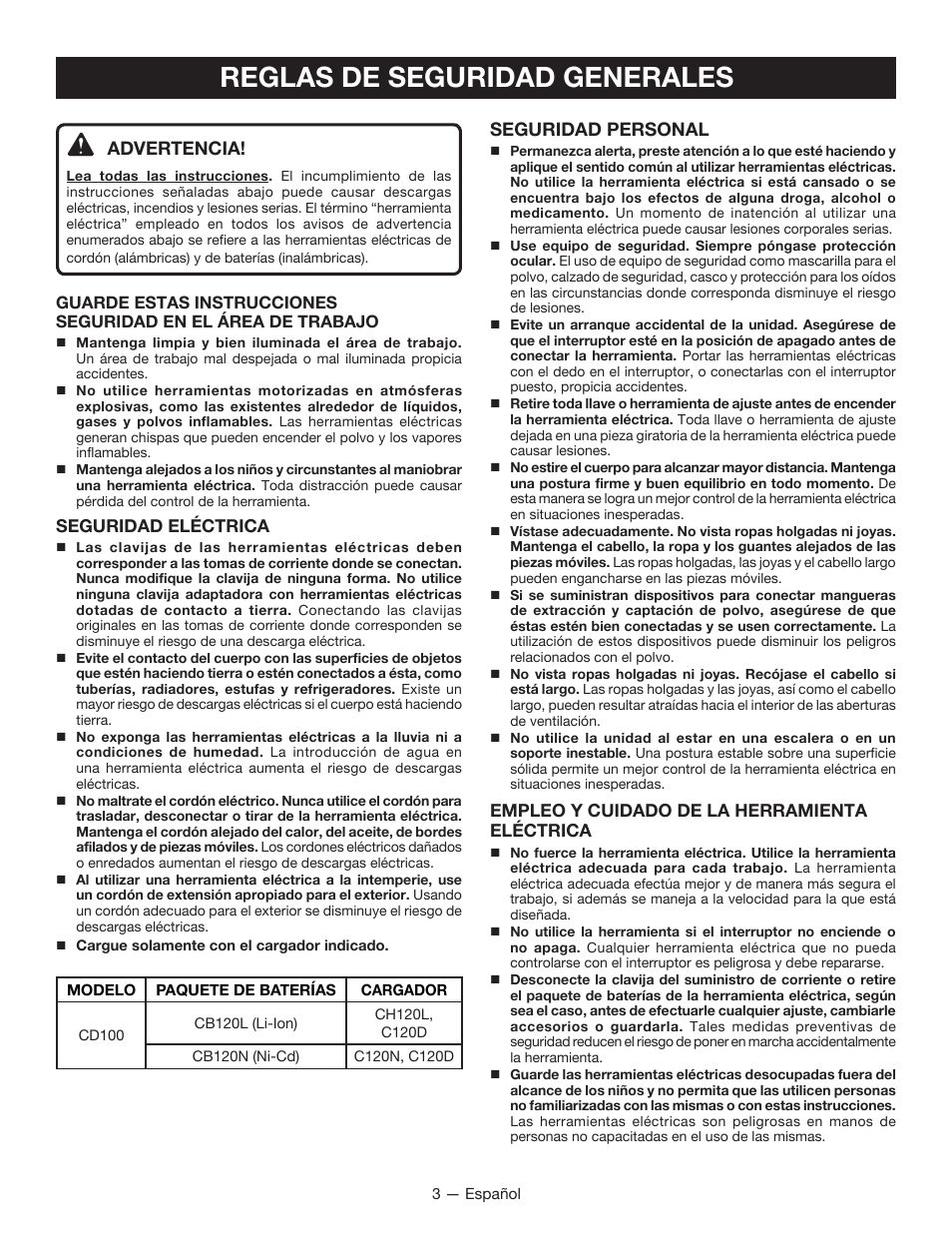 Reglas de seguridad generales, Advertencia, Seguridad personal | Ryobi CD100 User Manual | Page 24 / 36