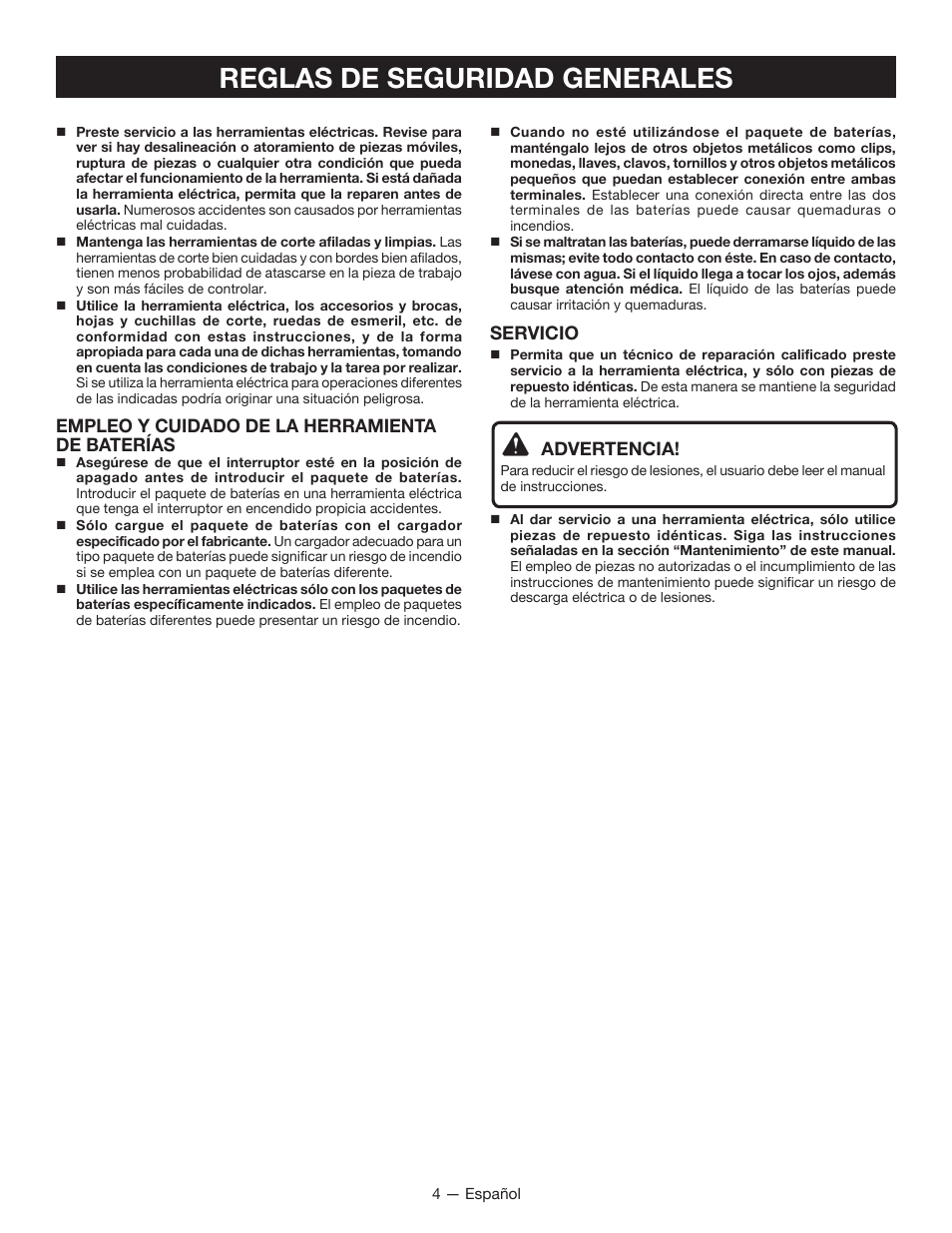 Reglas de seguridad generales, Servicio, Advertencia | Empleo y cuidado de la herramienta de baterías | Ryobi CD100 User Manual | Page 25 / 36