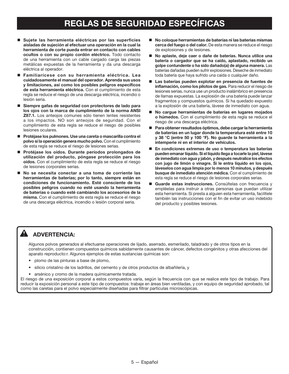 Reglas de seguridad específicas, Advertencia | Ryobi CD100 User Manual | Page 26 / 36