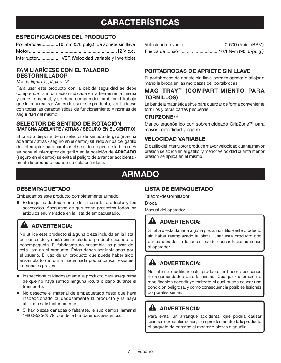 Características, Armado | Ryobi CD100 User Manual | Page 28 / 36