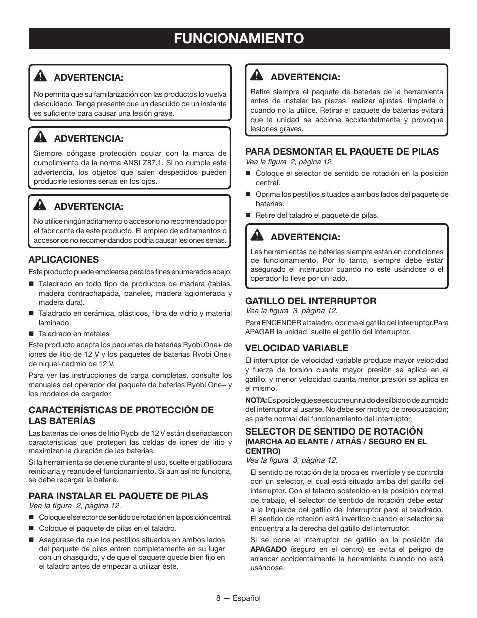 Funcionamiento | Ryobi CD100 User Manual | Page 29 / 36